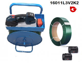 16011L3V2K2 KIT2 FLEJADORA BATERIA L3V2U CARGADOR+2 BATERIAS +CARRO+BOBINA FLEJE PET 