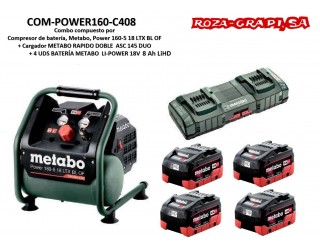 COM-POWER160-C408 COMBO METABO COMPRESOR BATERIA POWER 160 4 BAT LIHD 8 Ah.